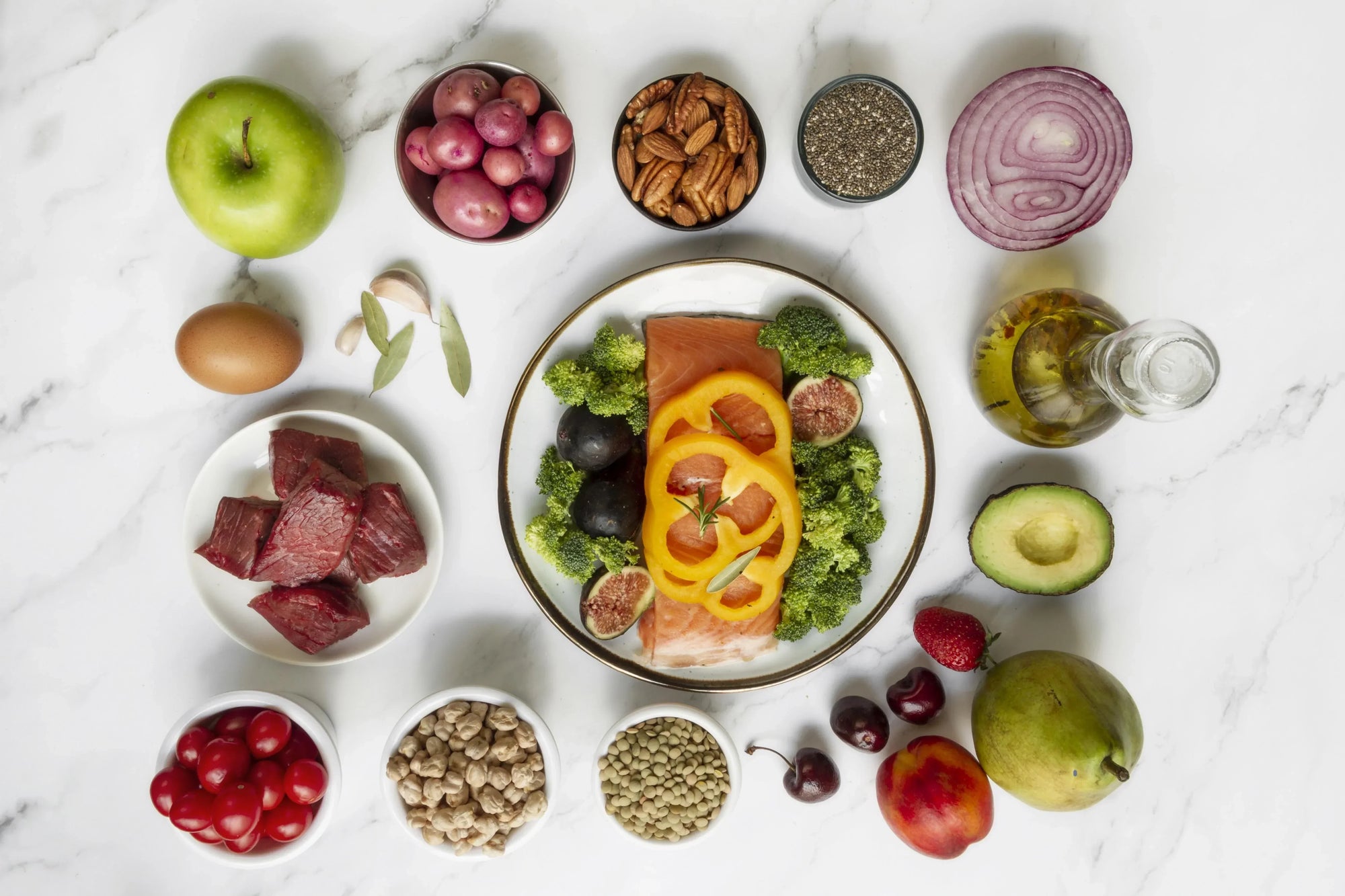 llustration of healthy food choices including fruits, vegetables, whole grains, and water