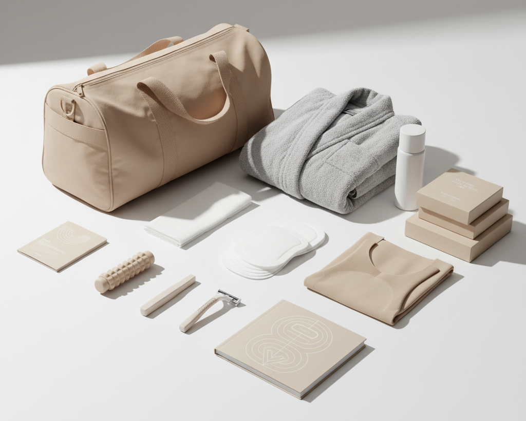 Flat lay of a modern BBL recovery kit including pillow, compression garment, and post-surgery essentials for optimal healing in 2025.