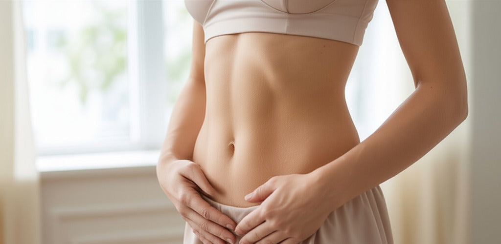 Woman wearing a post-surgical compression garment after tummy tuck surgery