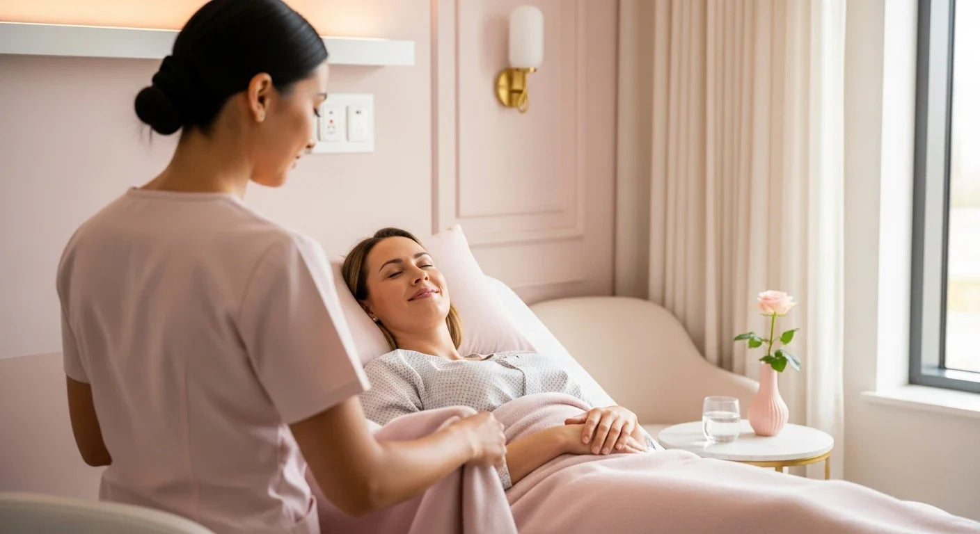 Nurse attending to a patient in a modern post-surgery recovery clinic with soft pink tones — aesthetic procedure aftercare and comfort | Beshapy