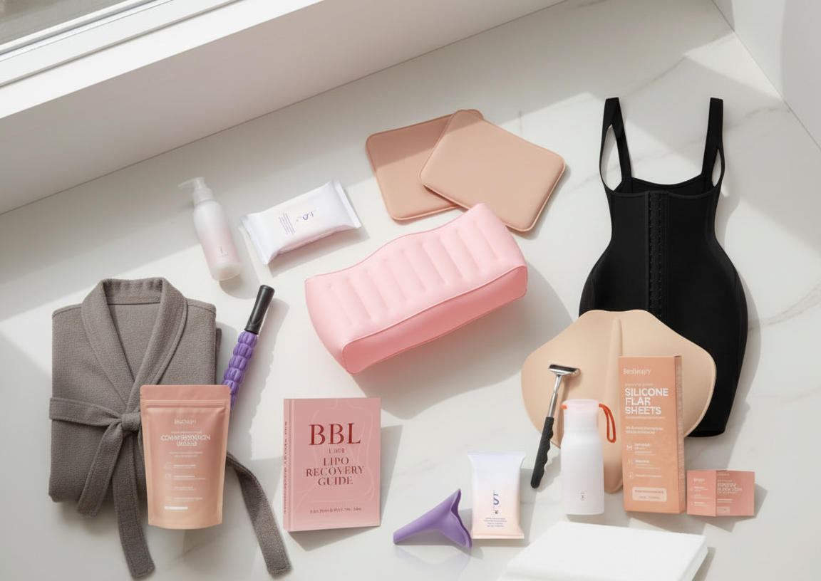Flat lay of BeShapy BBL recovery essentials: pillow, wipes, foams, faja, and robe arranged neatly on a soft pink bed.