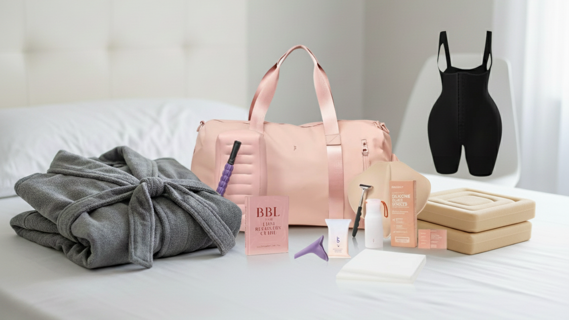 BeShapy BBL recovery kit with pillow, robe, and body wipes arranged on a white bed for post-surgery care