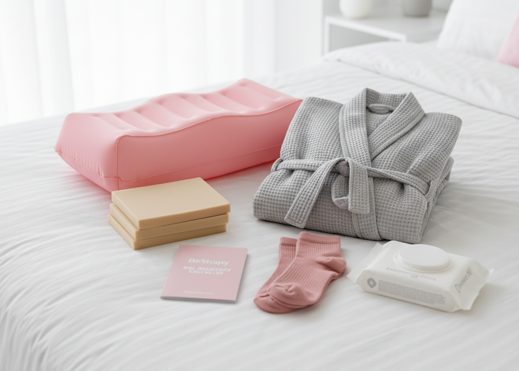 BeShapy BBL surgery supply kit open on a bed showing pillow, robe, wipes, and recovery essentials in soft pink tones
