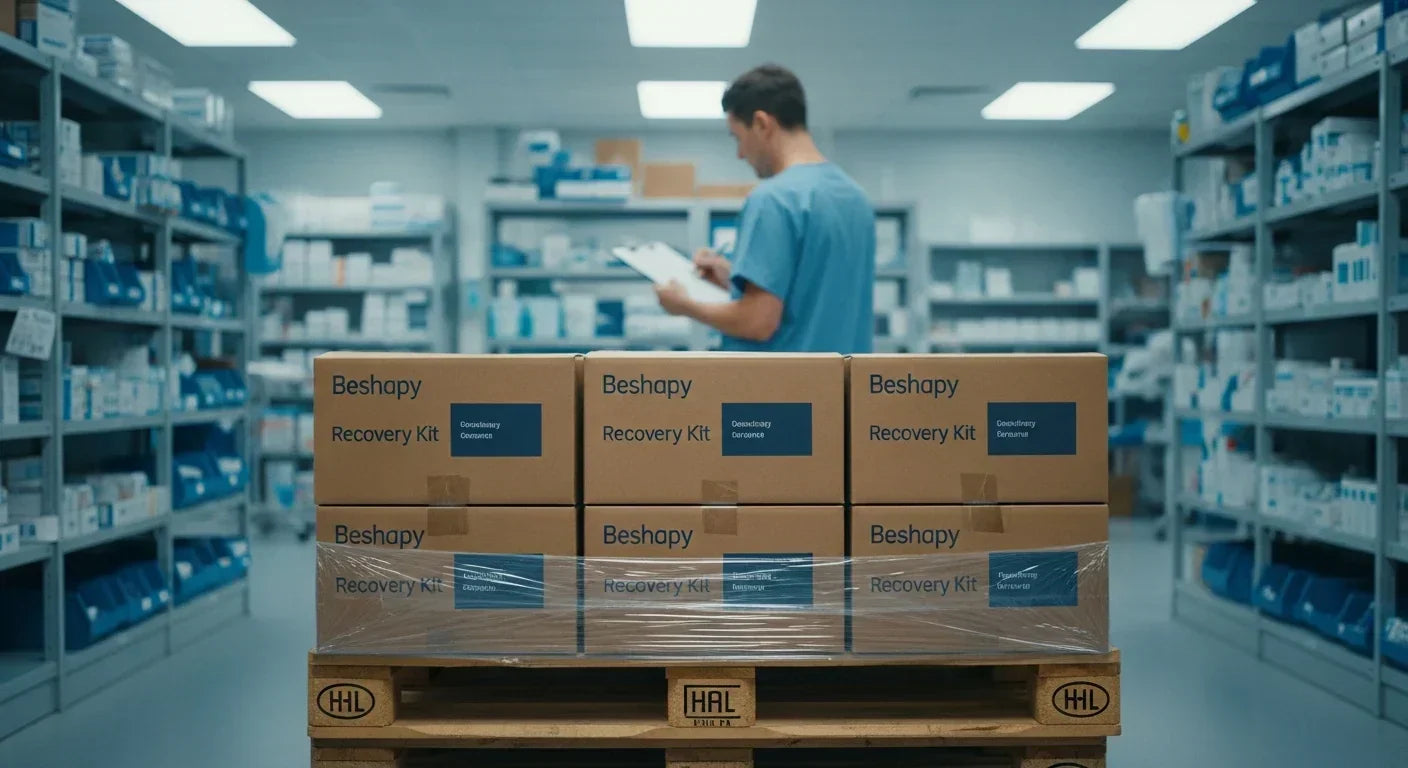 Neatly stacked pallet of Beshapy wholesale recovery kit boxes in a hospital supply room, with a staff member in scrubs checking inventory for efficient procurement.