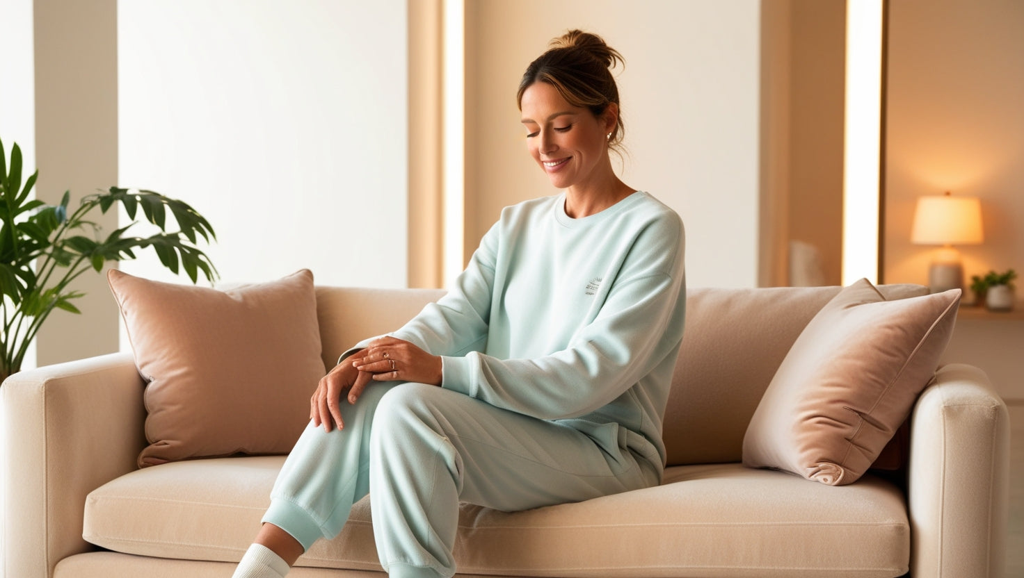 Post-lipo woman relaxing at home wearing compression garment from a BESHAPY US recovery kit