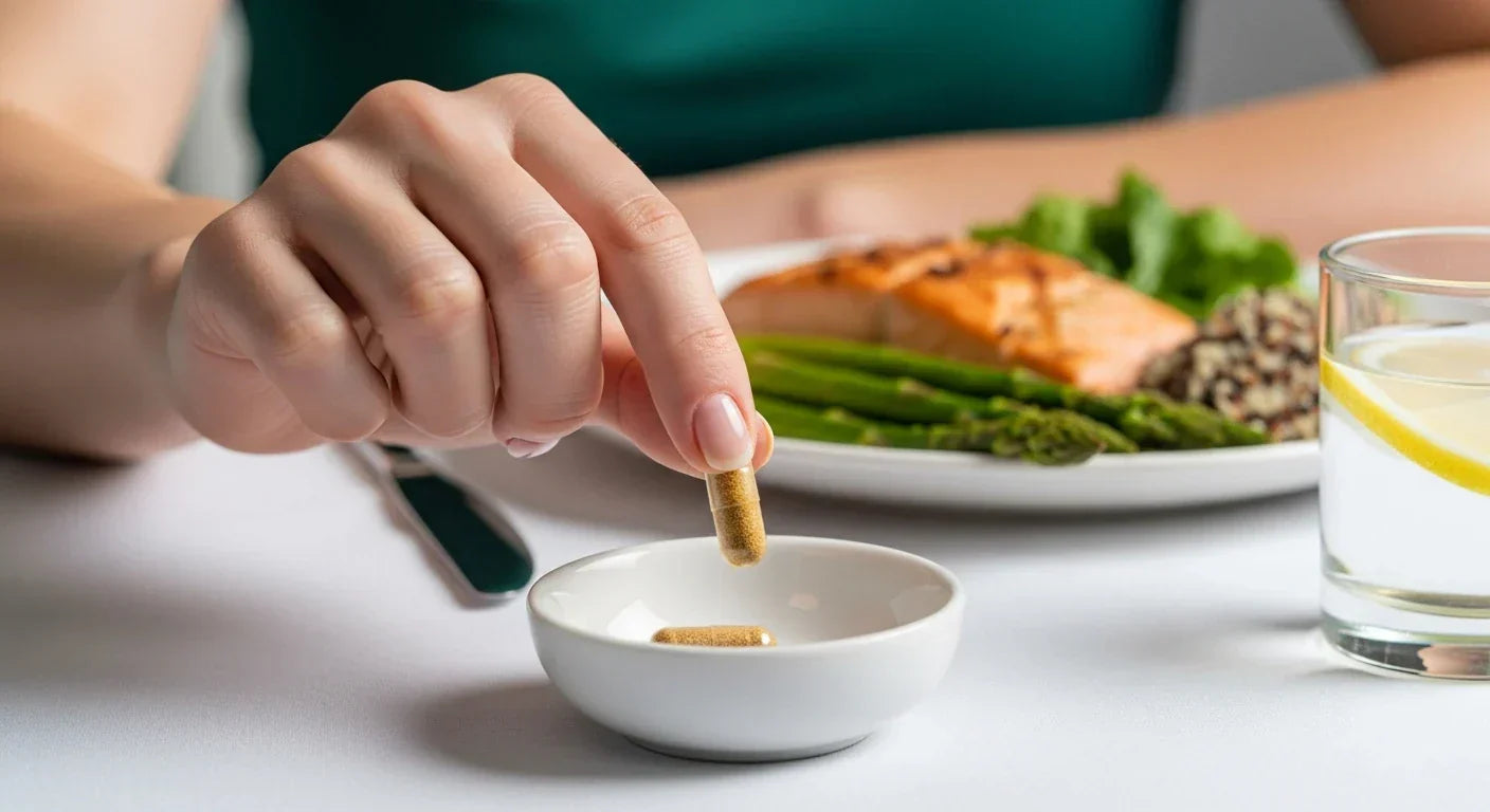 Person’s hand taking a supplement capsule from a dish with a healthy recovery meal in the background — doctor-approved self-care concept | Beshapy
