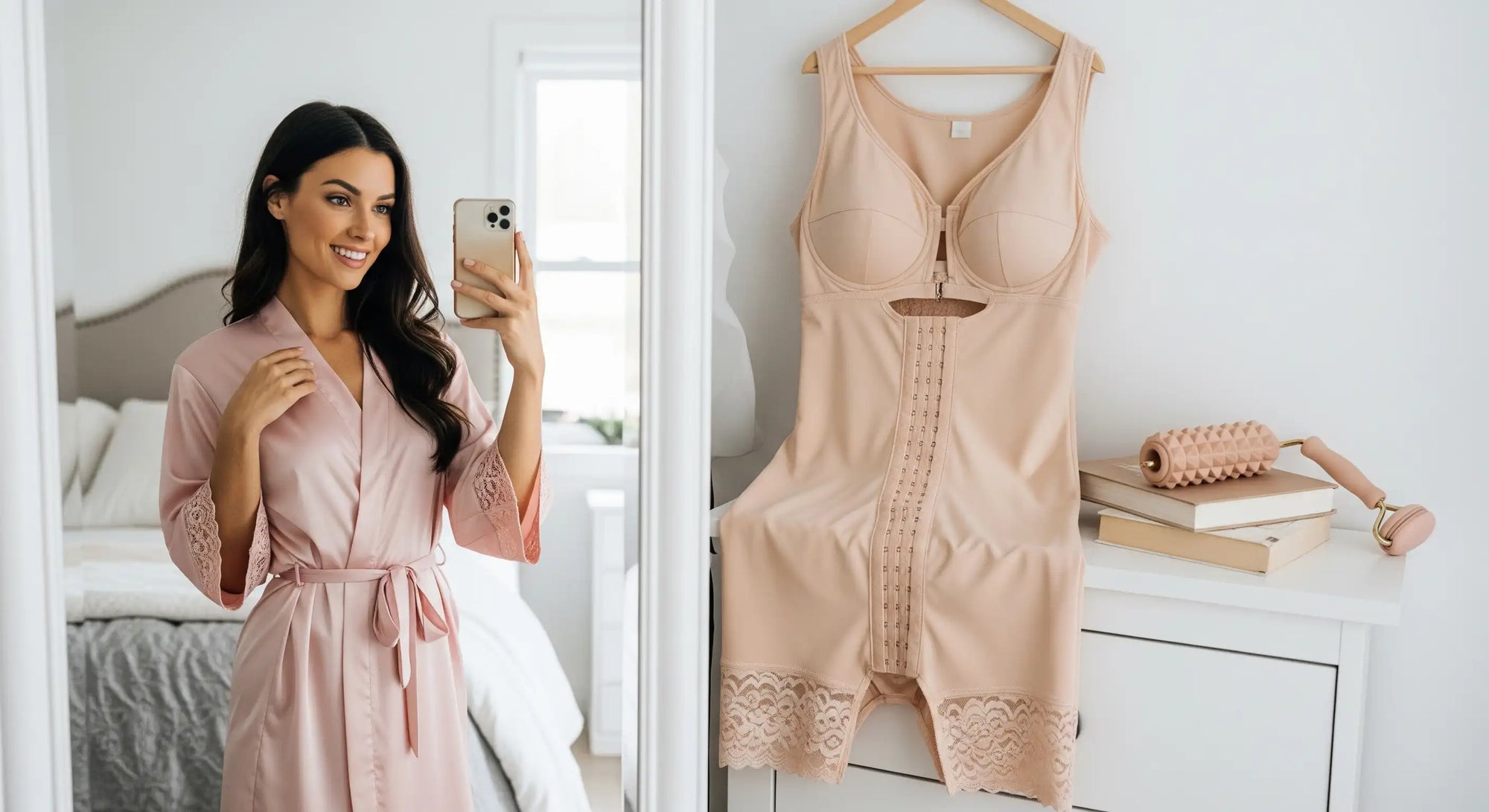 Lifestyle influencer taking a mirror selfie in a pink satin robe, with a beige body shaper, book, and massage roller visible in the background of a chic, bright bedroom.