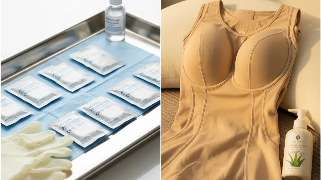 Flat lay split-screen showing pre-surgery antiseptic items on one side and a Beshapy compression garment with a pillow on the other — visual contrast of preparation and post-operative recovery | Beshapy
