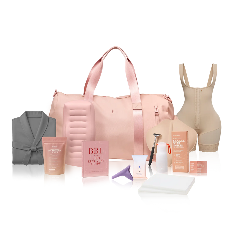 Collection of beauty and wellness products including a pink duffel bag, skincare items, and a shapewear garment on a white background.