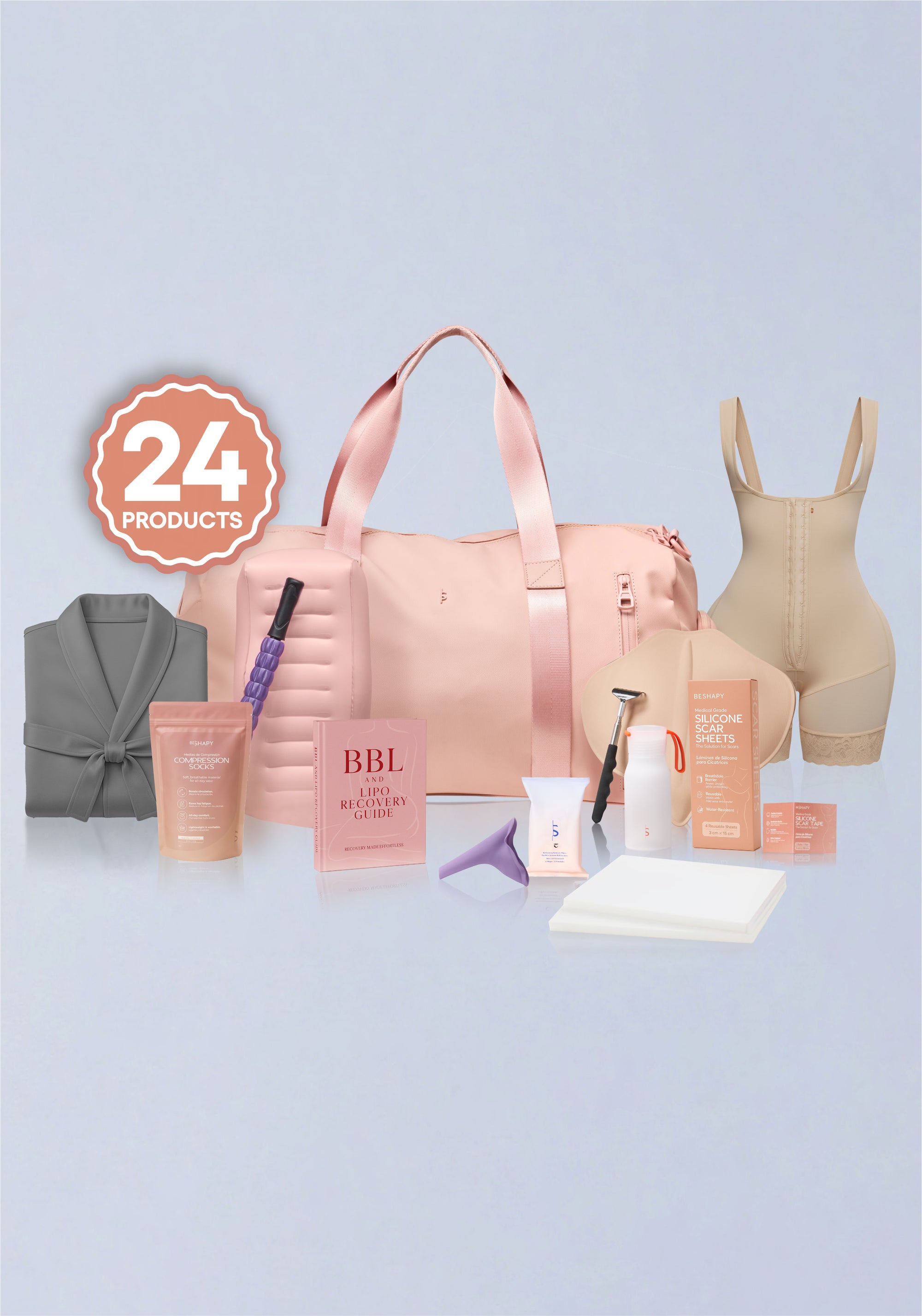 Collection of fitness and wellness products including a pink bag, tank top, and various containers on a light blue background.