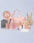Collection of fitness and wellness products including a pink bag, tank top, and various containers on a light blue background.