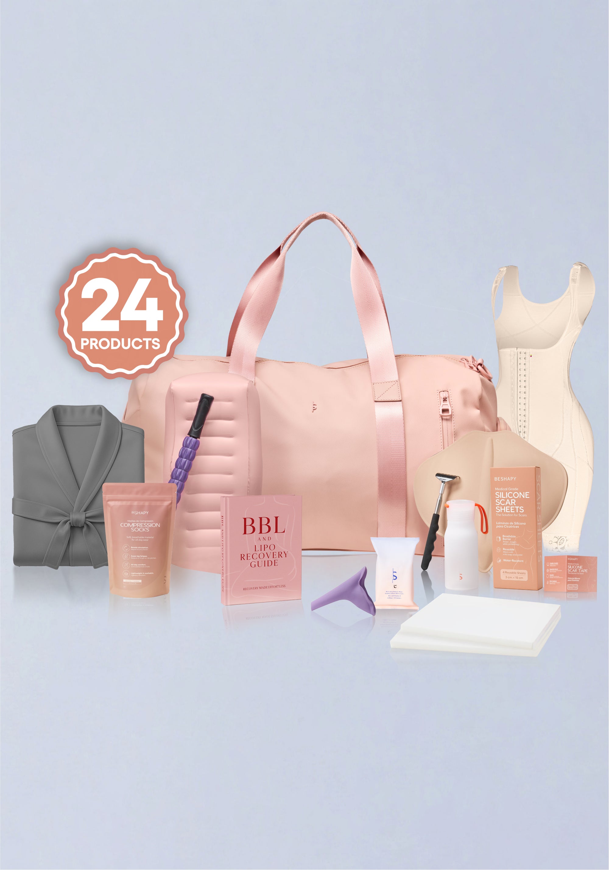 Collection of beauty products including a pink bag, bottles, and a robe on a light blue background.