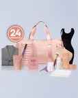 Collection of beauty products including a robe, bottles, and a bag on a light blue background.