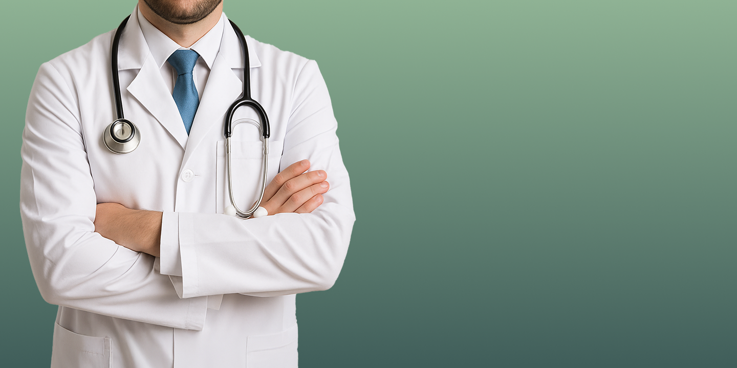 beshapy Doctor in white coat with stethoscope on a green background