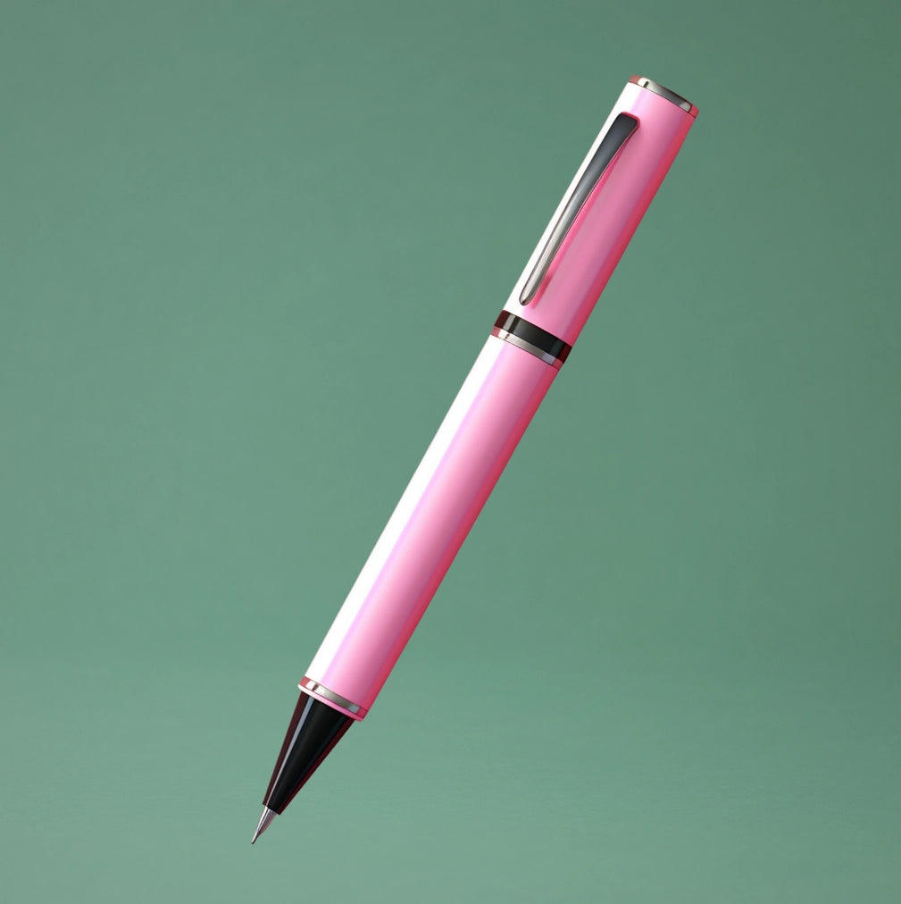Pink pen with black accents on a green background