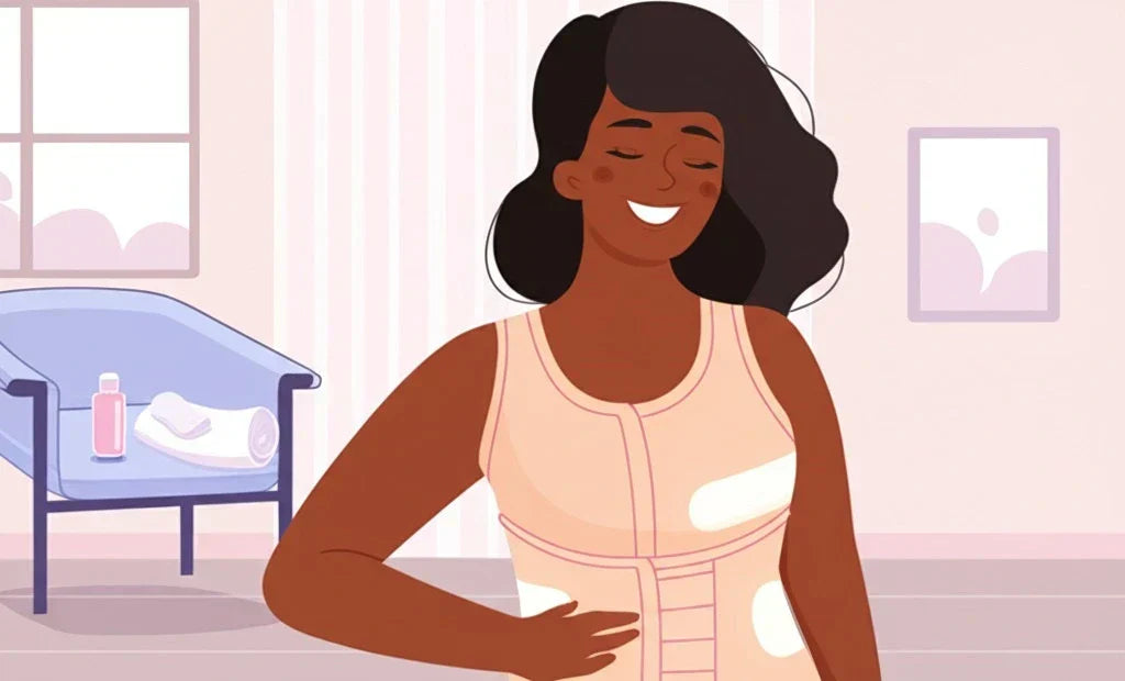 Woman recovering from BBL wearing a faja garment with foam boards for compression