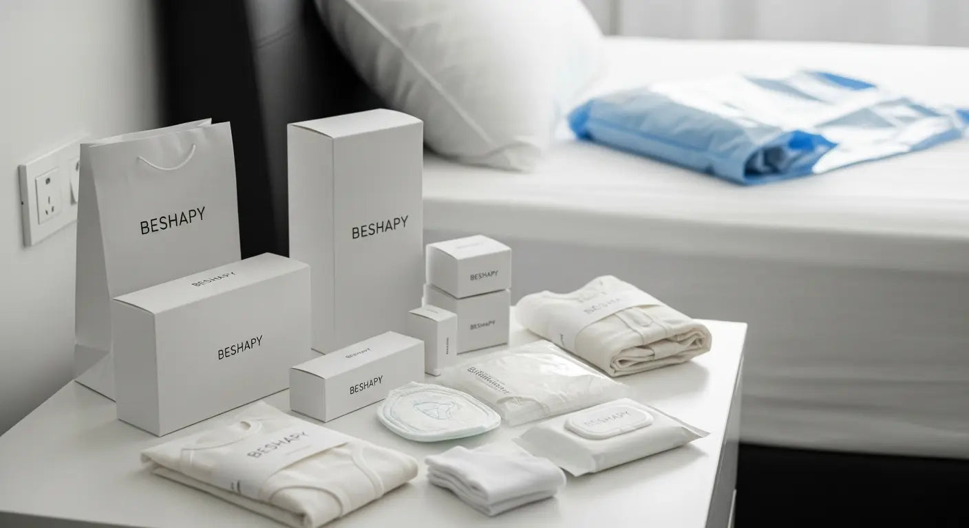BESHAPY products including boxes, towels, and a plate on a table with a bed in the background.