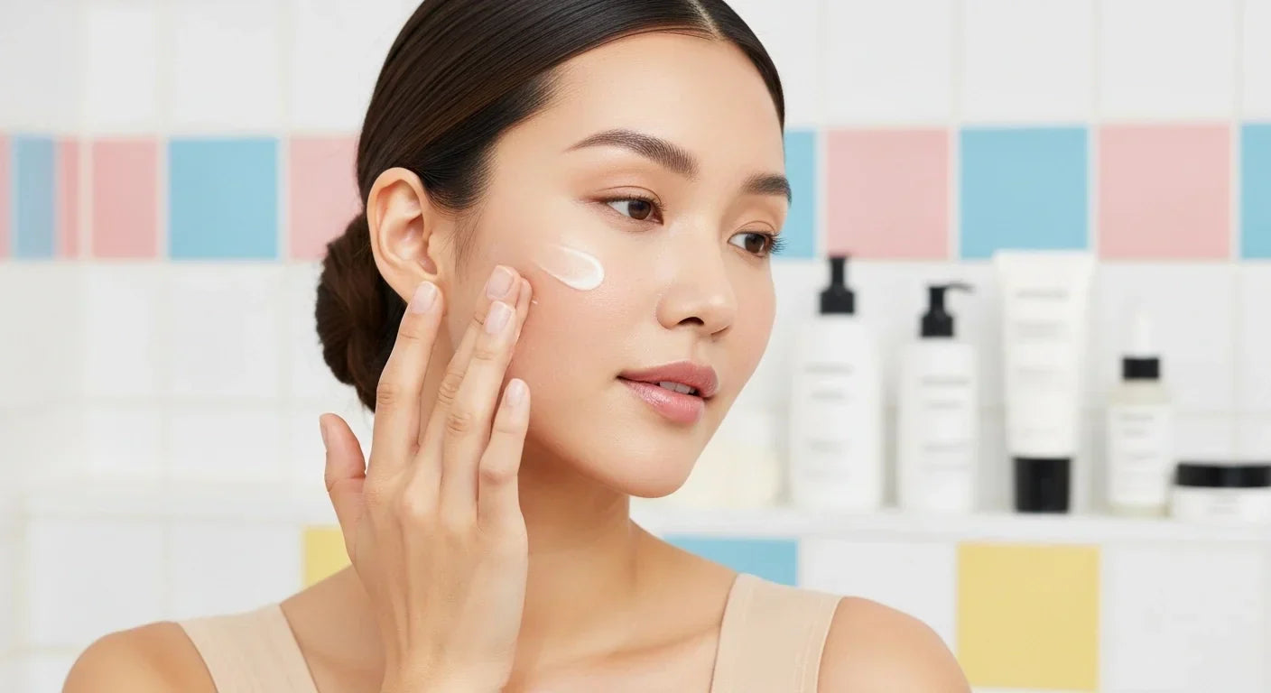 Asian model in beige shapewear applying moisturizing cream to her cheek in a colorful pastel bathroom, highlighting self-care and recovery with a serene expression