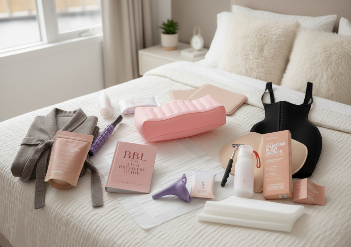 BeShapy BBL aftercare essentials including faja, pillow, wipes, and lipo foams neatly arranged on a pink bed.