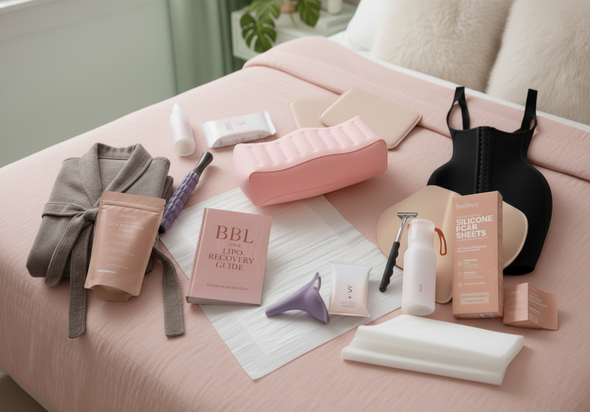 BeShapy BBL post-op care kit arranged with faja, pillow, wipes, robe, and socks on a soft pink bed