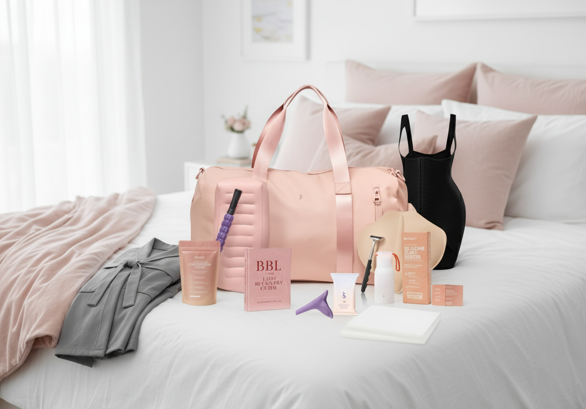 Complete BeShapy BBL post-op supplies kit arranged neatly with pillow, robe, and wipes for recovery