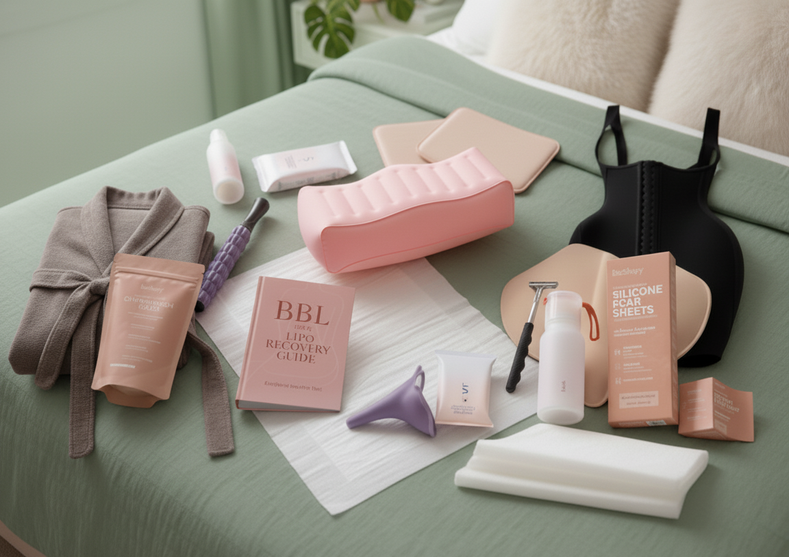 BeShapy BBL recovery supplies including faja, lipo foams, pillow, wipes, and robe arranged neatly on a greenbed.