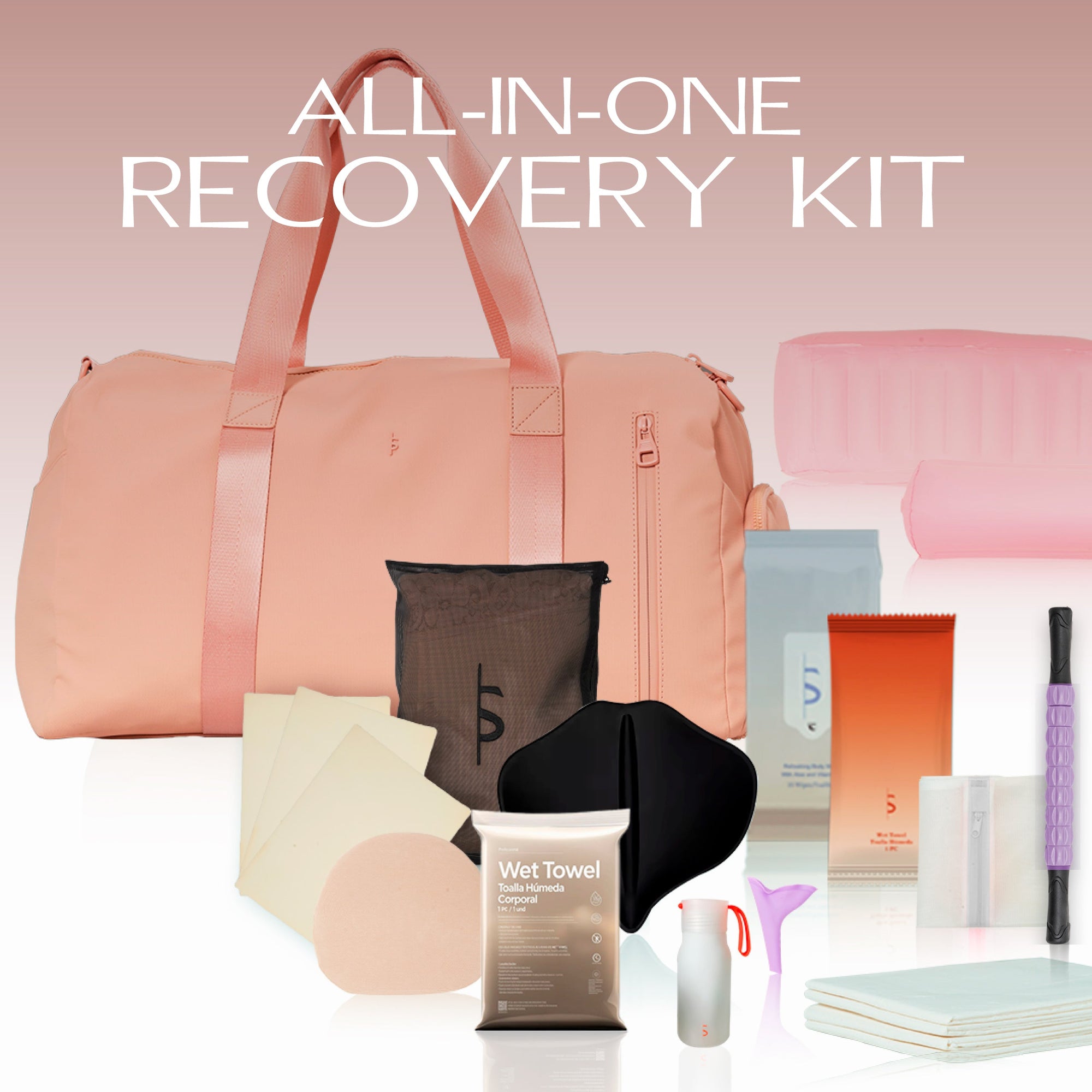 BeShapy BBL recovery supplies including inflatable pillow, lipo foams, robe, and body wipes arranged in a flat lay