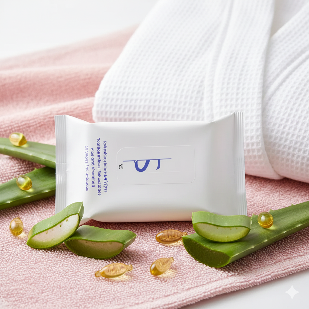 BeShapy body cleansing wipes with aloe vera and vitamin E displayed beside a pink towel and recovery robe.