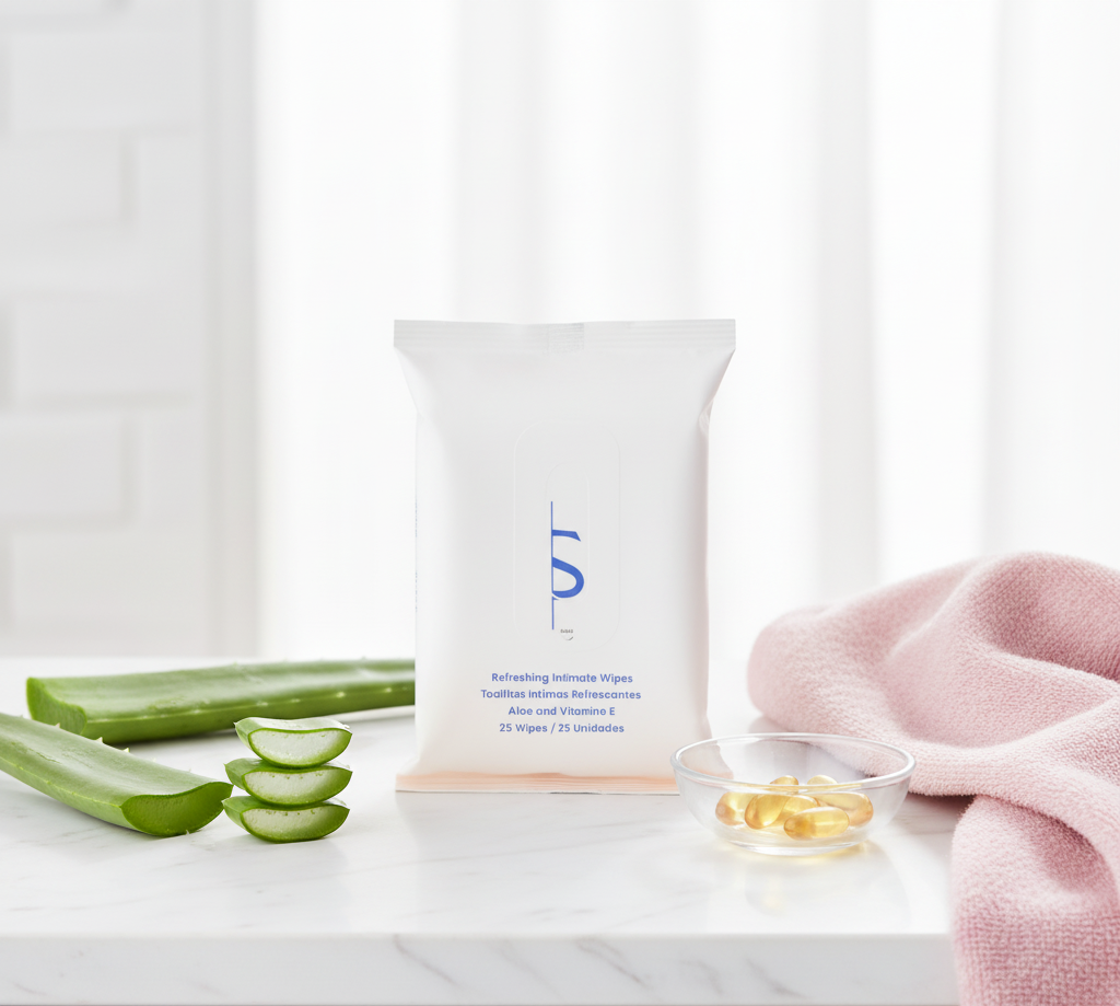 BeShapy body wipes for women on a bedside table with aloe vera and vitamin E ingredients around