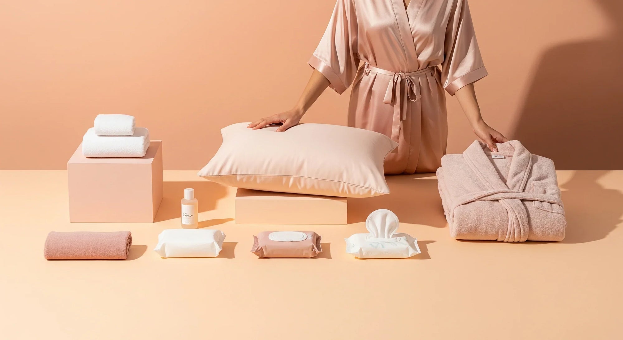 Week-by-week surgery recovery process illustrated with BeShapy products: pillow, wipes, and robe arranged by stages