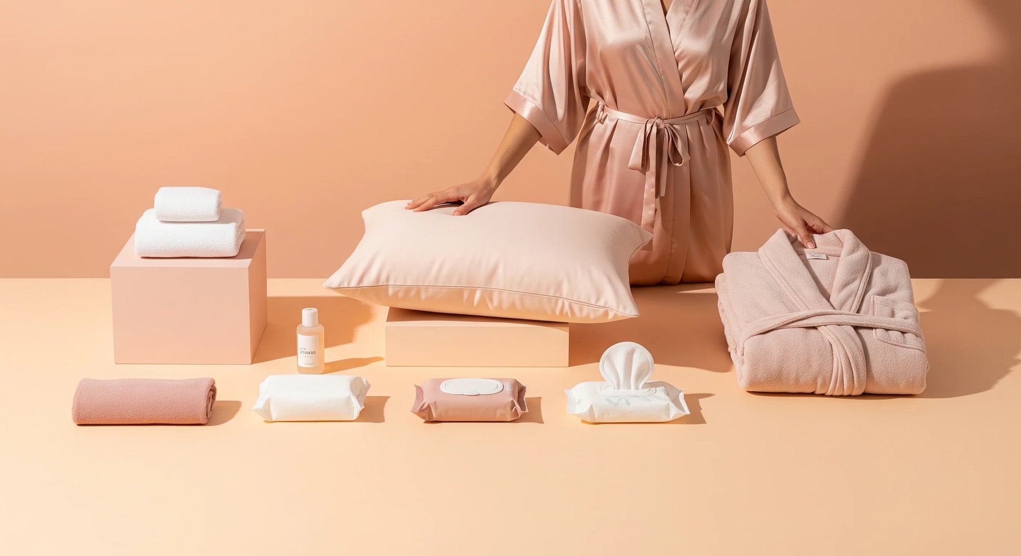 BeShapy recovery essentials arranged at home: pillow, robe, wipes, and cozy bedding for post-op healing.