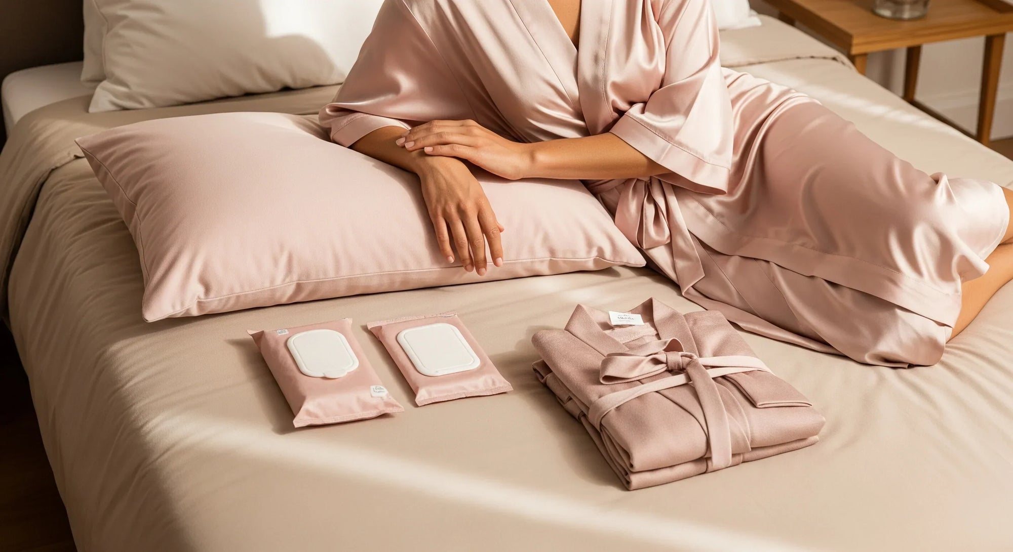 Woman resting peacefully on bed surrounded by BeShapy products — wipes, pillow, and robe — in a calm recovery space.