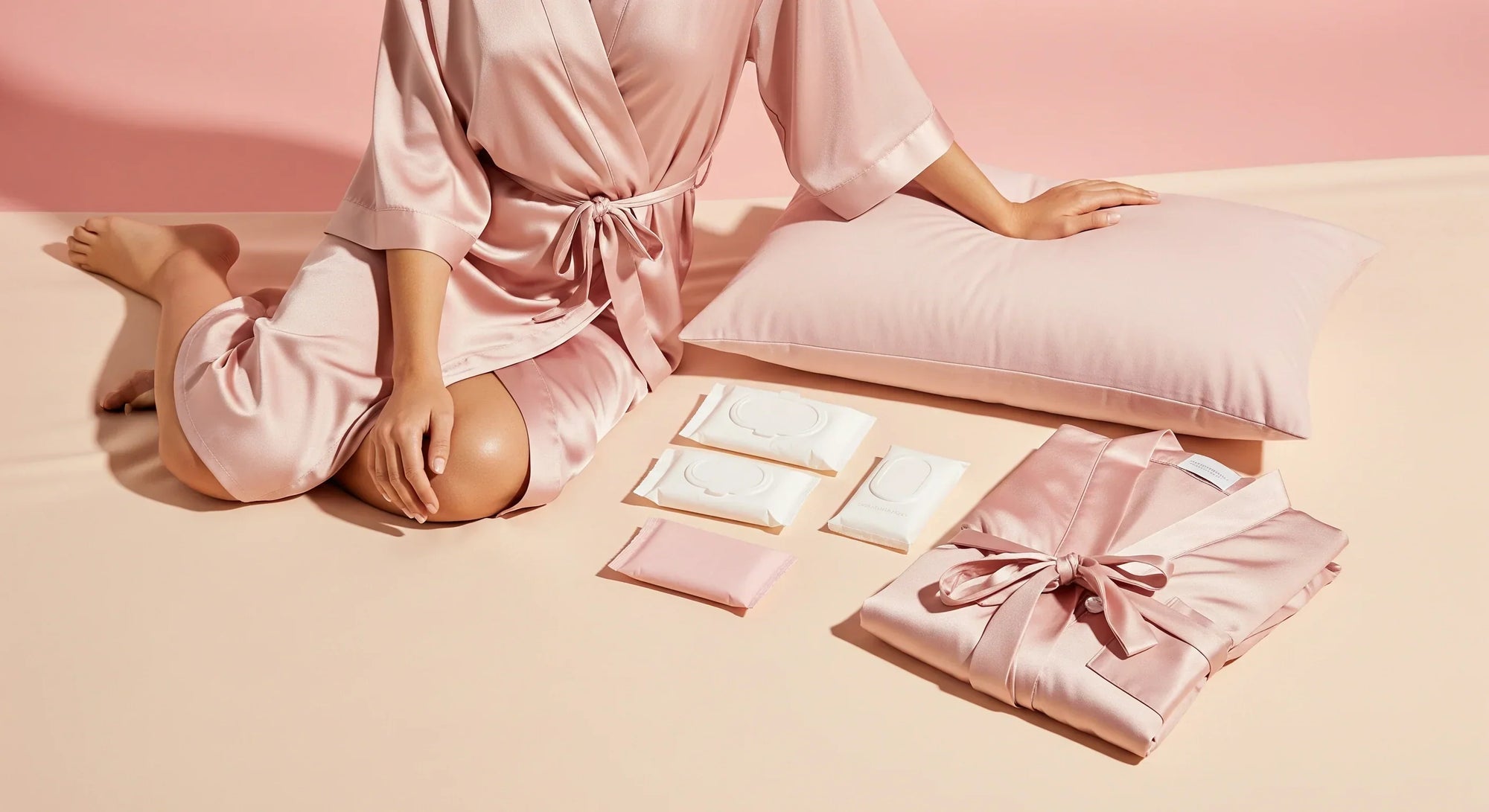 BeShapy post-surgery comfort kit with inflatable pillow, robe, and wipes on a white bed with pink accents