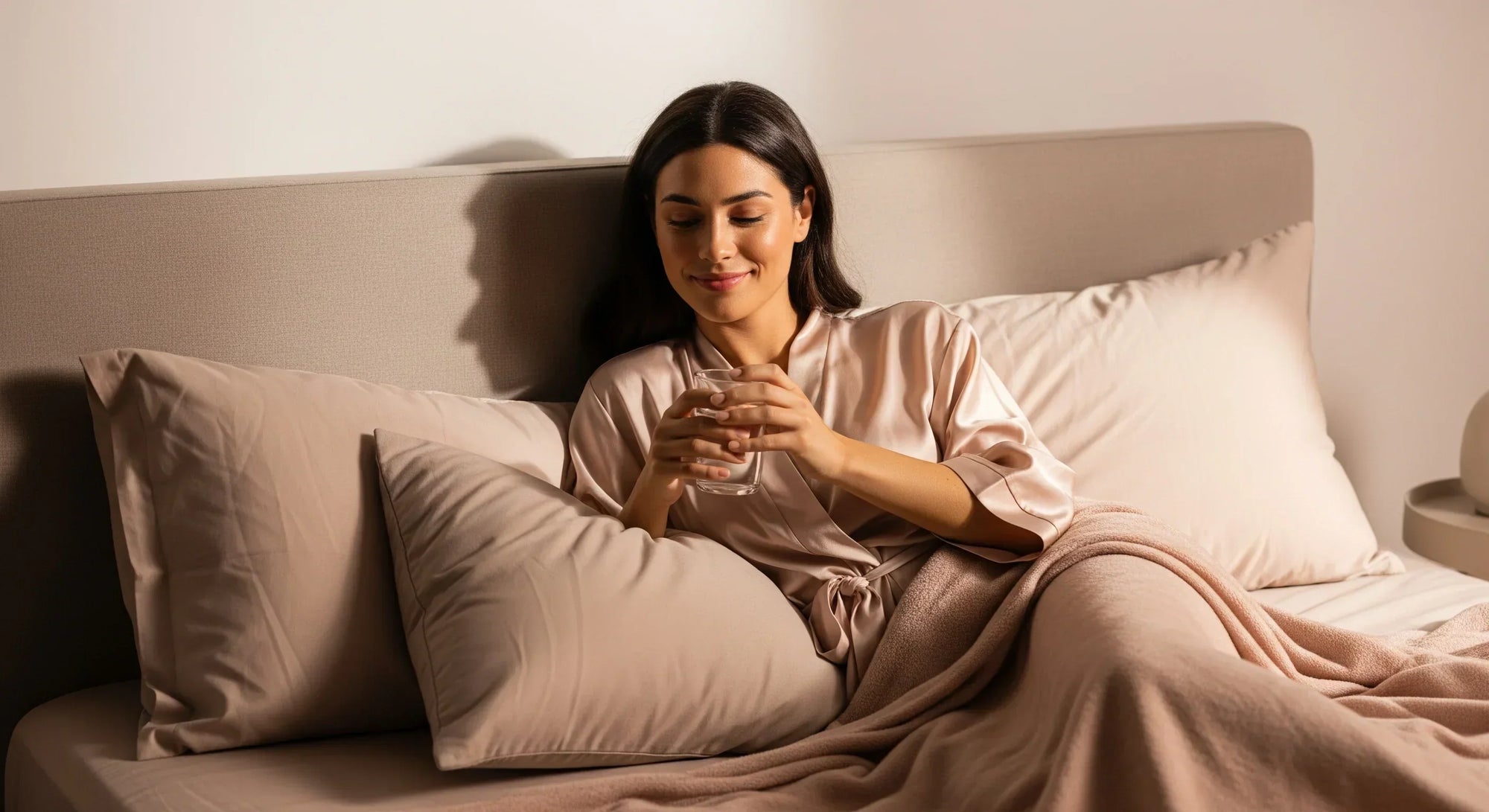 Woman in BeShapy robe relaxing with water and wipes nearby, sunlight softly lighting a peaceful recovery room.