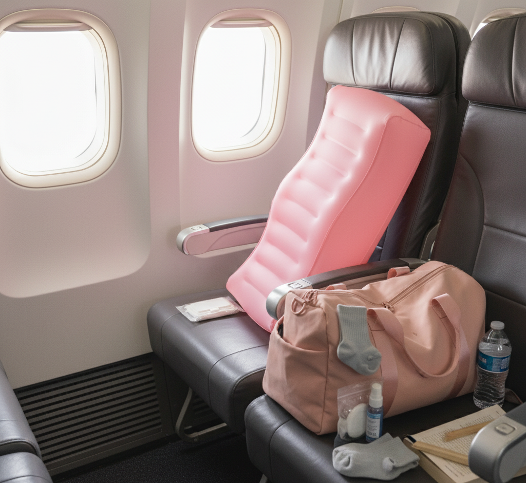 BeShapy inflatable BBL pillow on an airplane seat next to recovery essentials and a water bottle