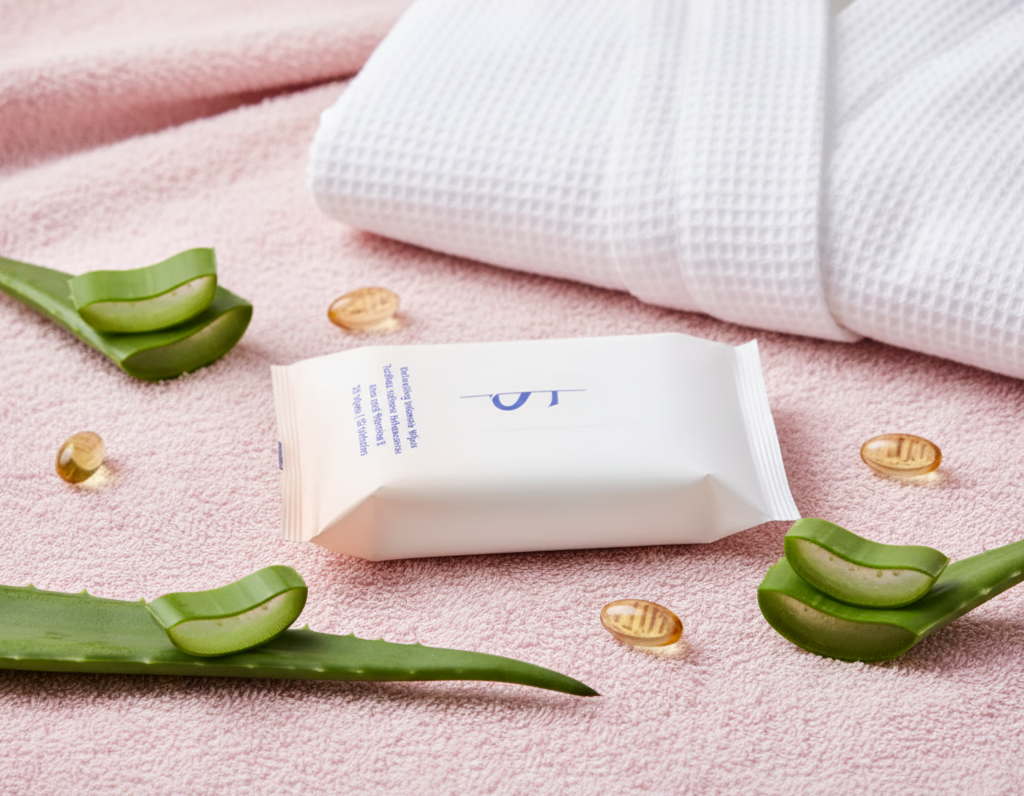 BeShapy body wipes and recovery essentials placed on a soft pink towel next to Aloe Vera and Vitamin E ingredients.