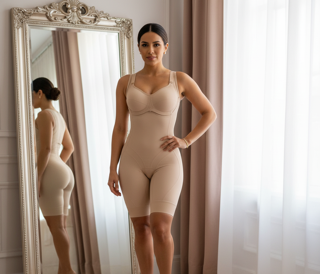 Woman wearing a beige Colombian faja by BeShapy, standing confidently near a mirror with natural light