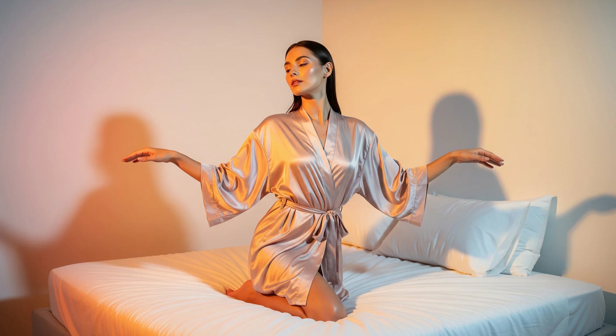 Woman performing gentle recovery stretches at home with BeShapy pillow and robe nearby
