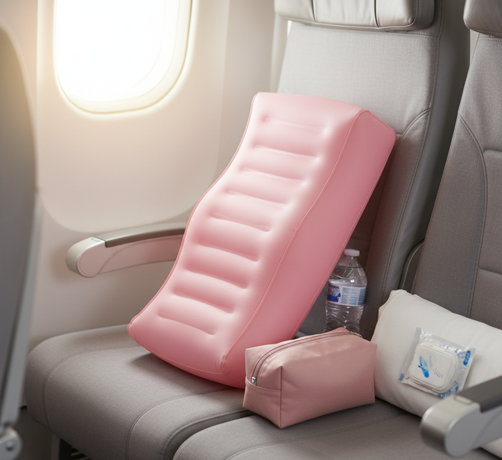 “BeShapy inflatable BBL pillow on airplane seat beside recovery essentials for post-surgery comfort.