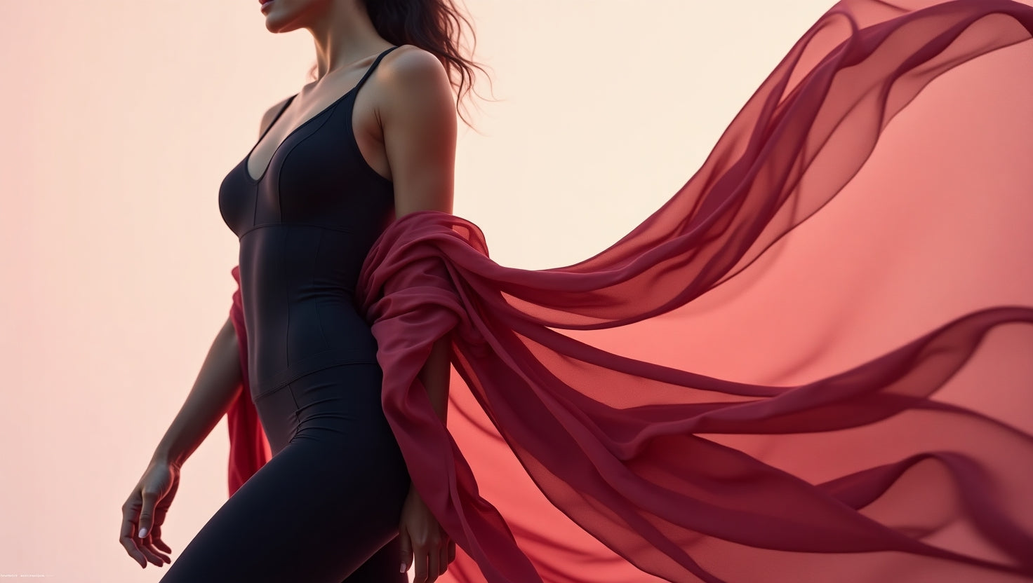 Woman model in elegant silhouette wearing dark supportive shapewear transitioning to vibrant flowing high-fashion fabrics, shot in horizontal 16:9 format with soft diffused lighting emphasizing curves and luxury textures