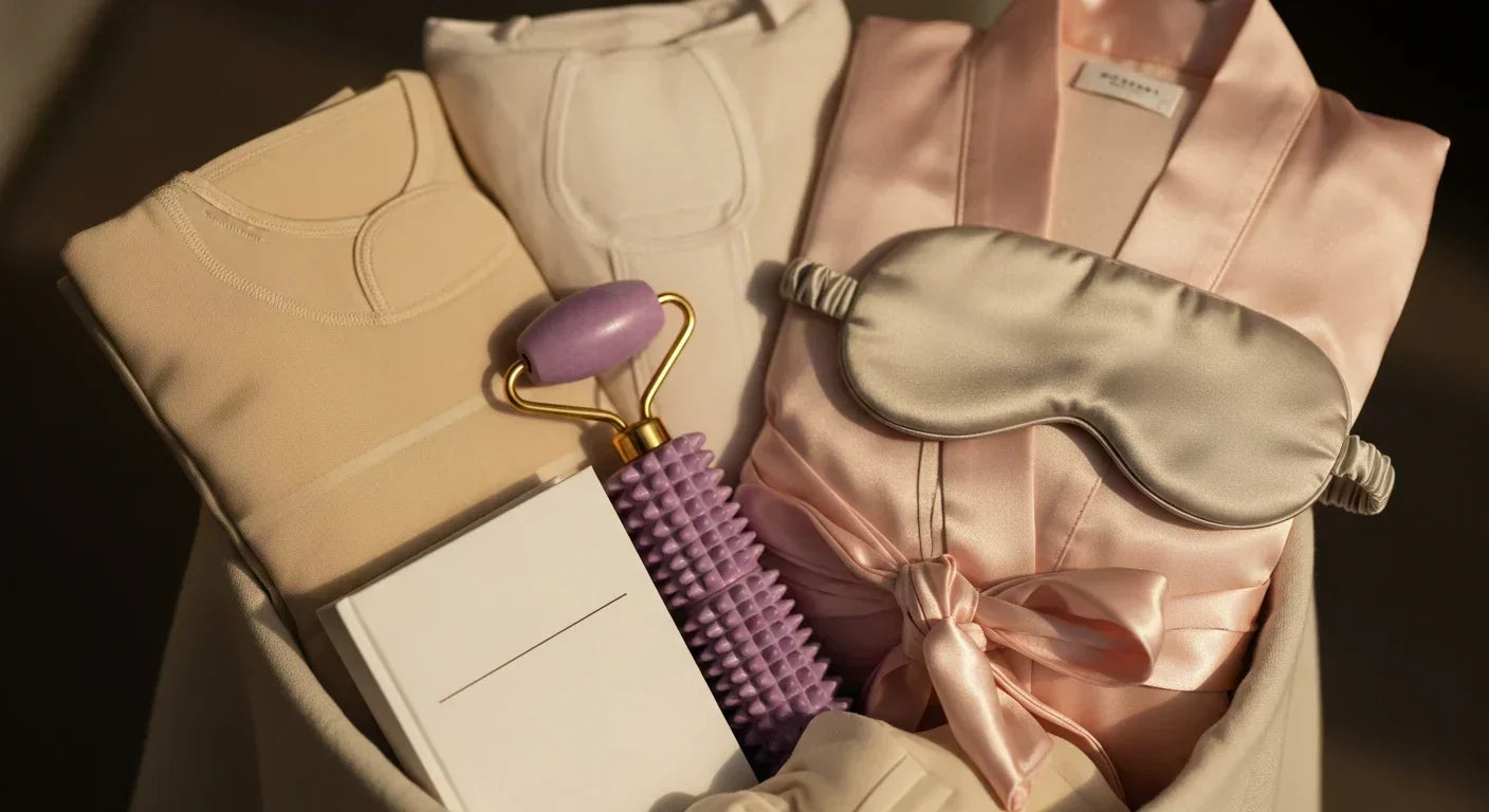 Close-up of a luxury recovery gift basket with a beige compression garment, pink satin robe, silk sleep mask, purple massage roller, and a minimalist blank book, arranged in warm soft lighting.