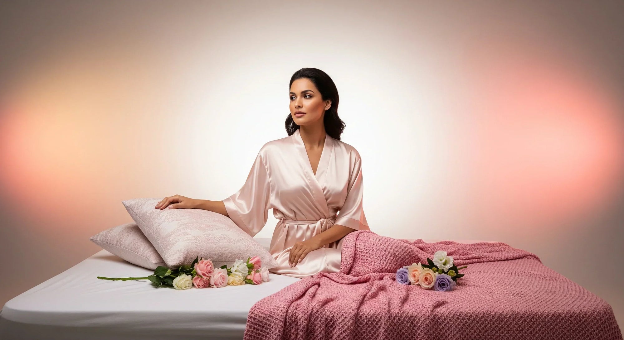 BeShapy post-op home care essentials arranged on a bed: wipes, pillow, robe, and faja with pastel decor