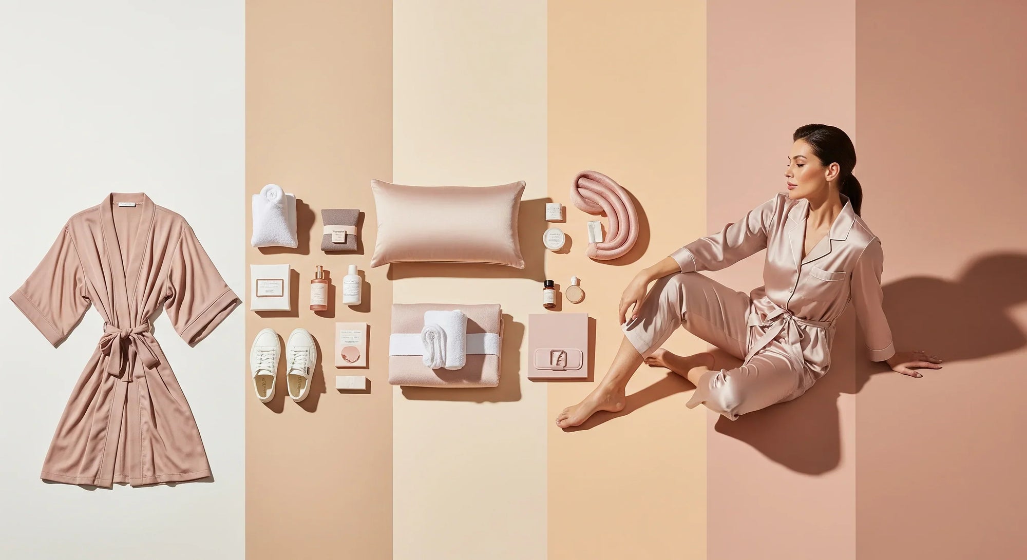 BeShapy post-surgery recovery timeline chart with weeks labeled, wipes, robe, and pillow in background.