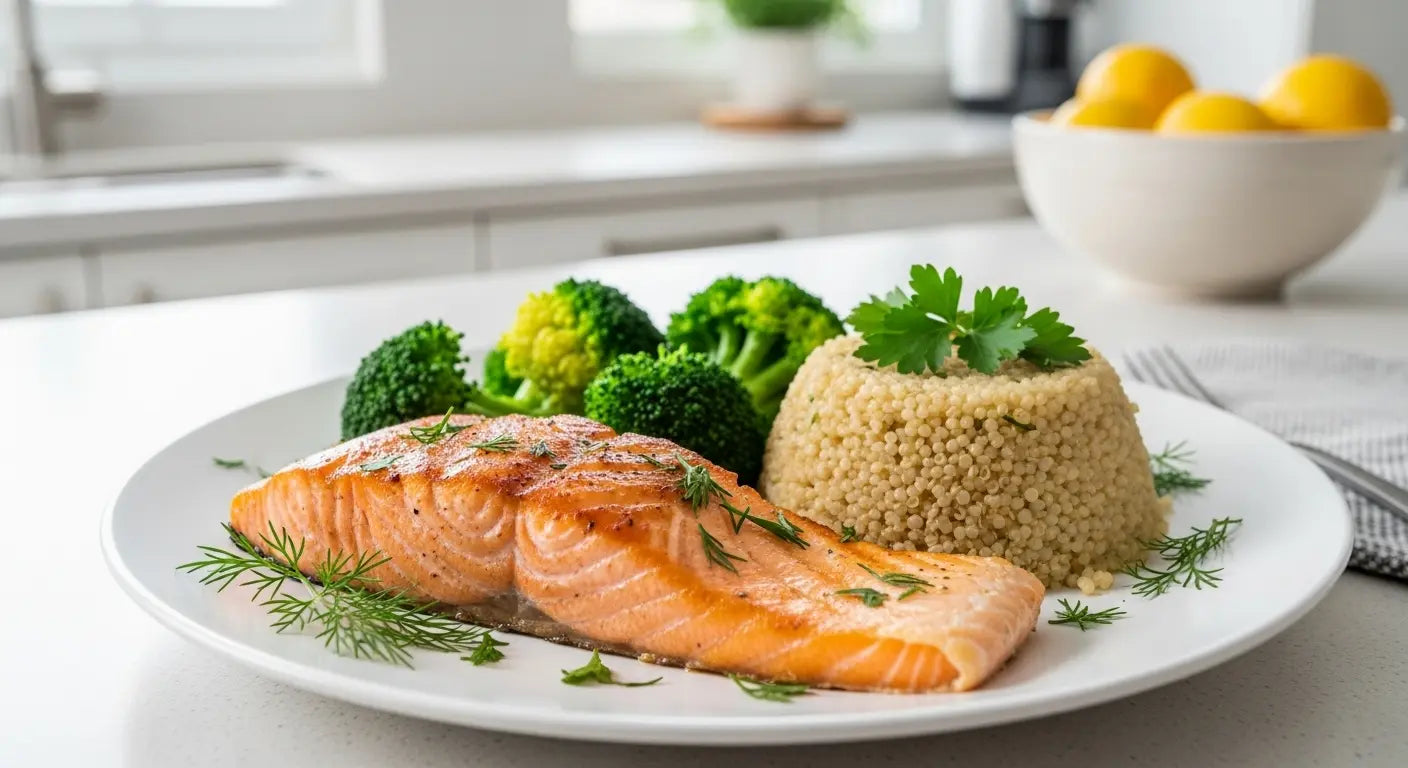 Grilled salmon with steamed broccoli and quinoa, a nutrient-rich meal served in a bright kitchen — healthy eating and wellness concept | Beshapy