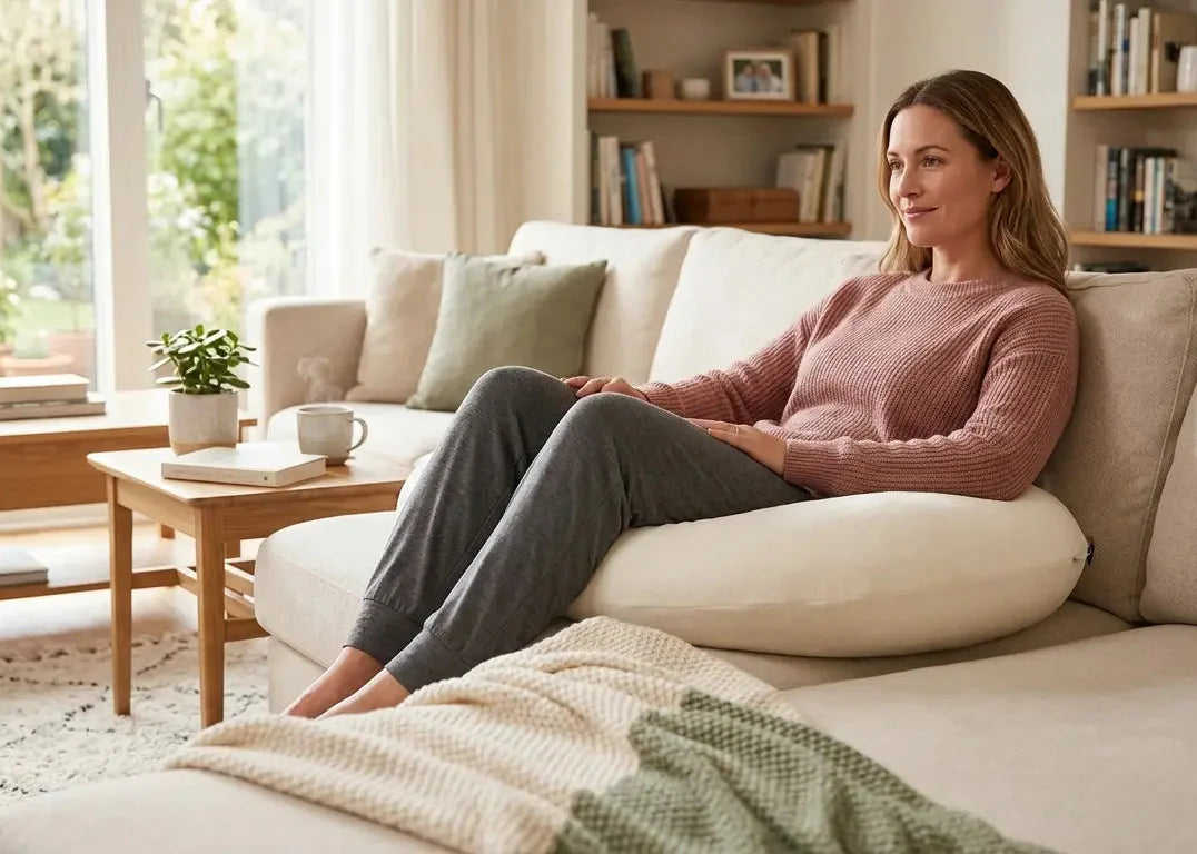 Woman recovering from BBL surgery using a cutout pillow to sit safely during post-surgery recovery