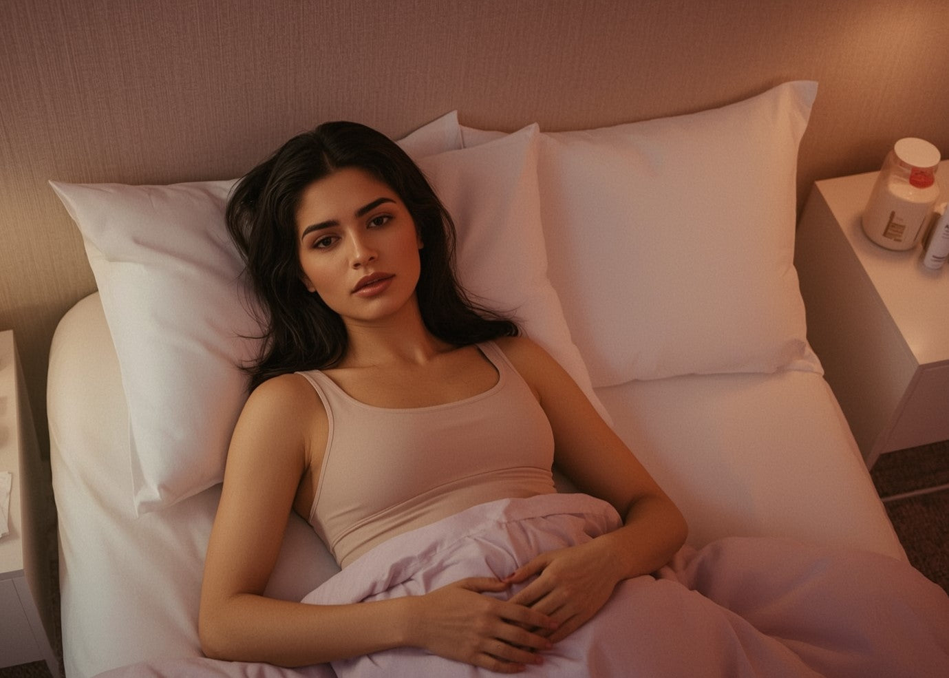 Woman resting post-liposuction with compression garment and pillows for comfort.