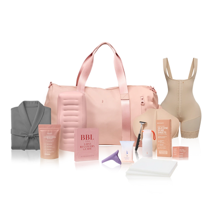 Collection of beauty and wellness products including a pink duffel bag, skincare items, and a shapewear garment on a white background.