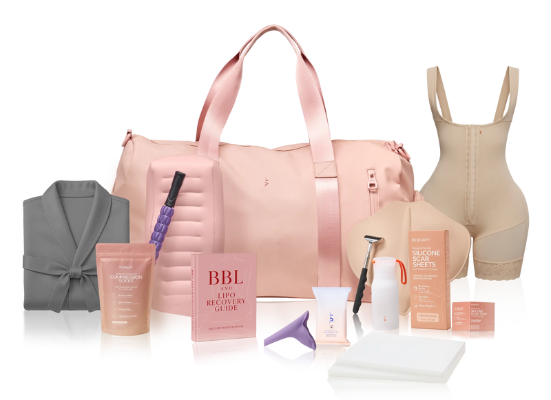 Collection of beauty and wellness products including a pink duffel bag, skincare items, and a shapewear garment on a white background.