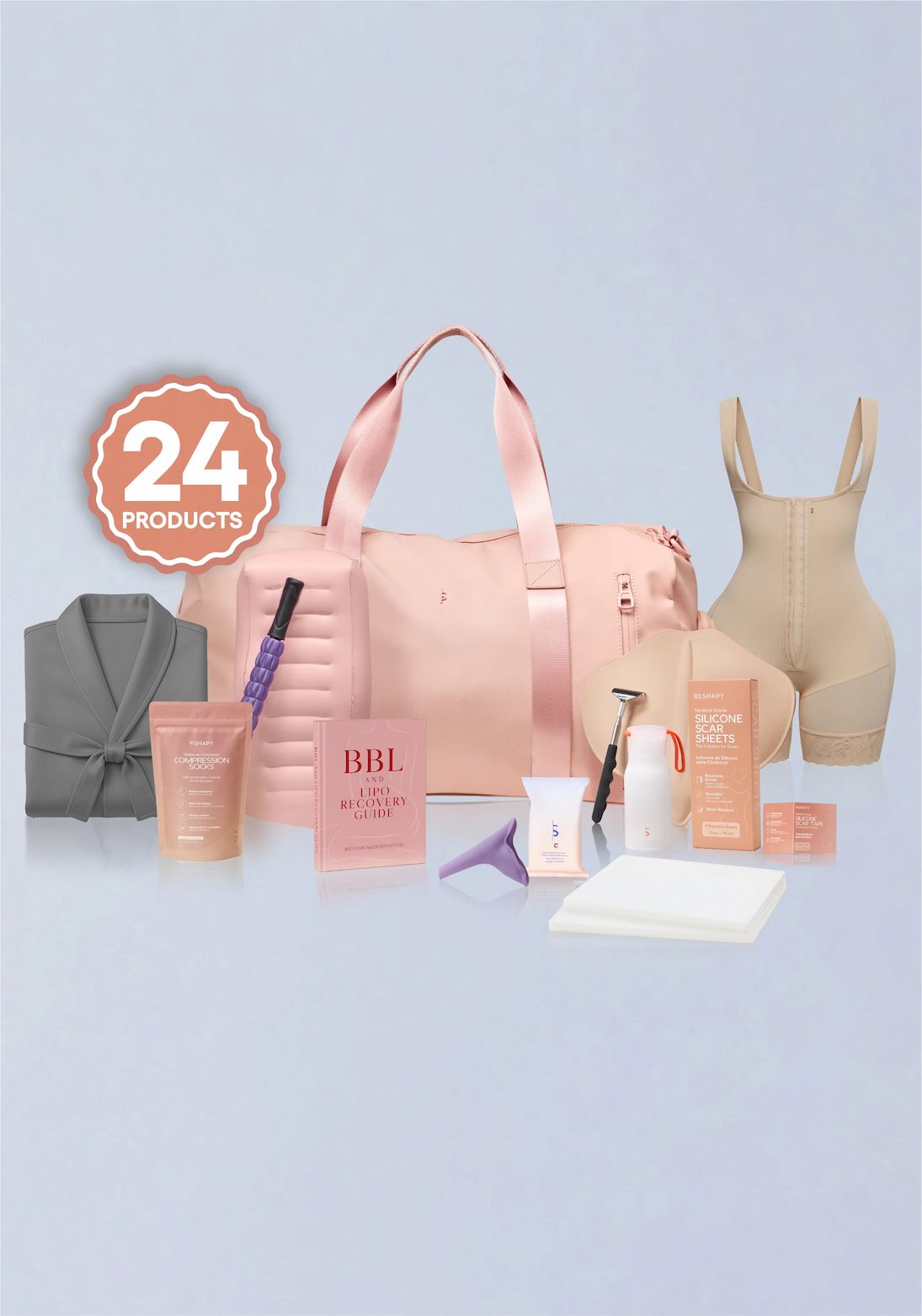 Collection of fitness and wellness products including a pink bag, tank top, and various containers on a light blue background.