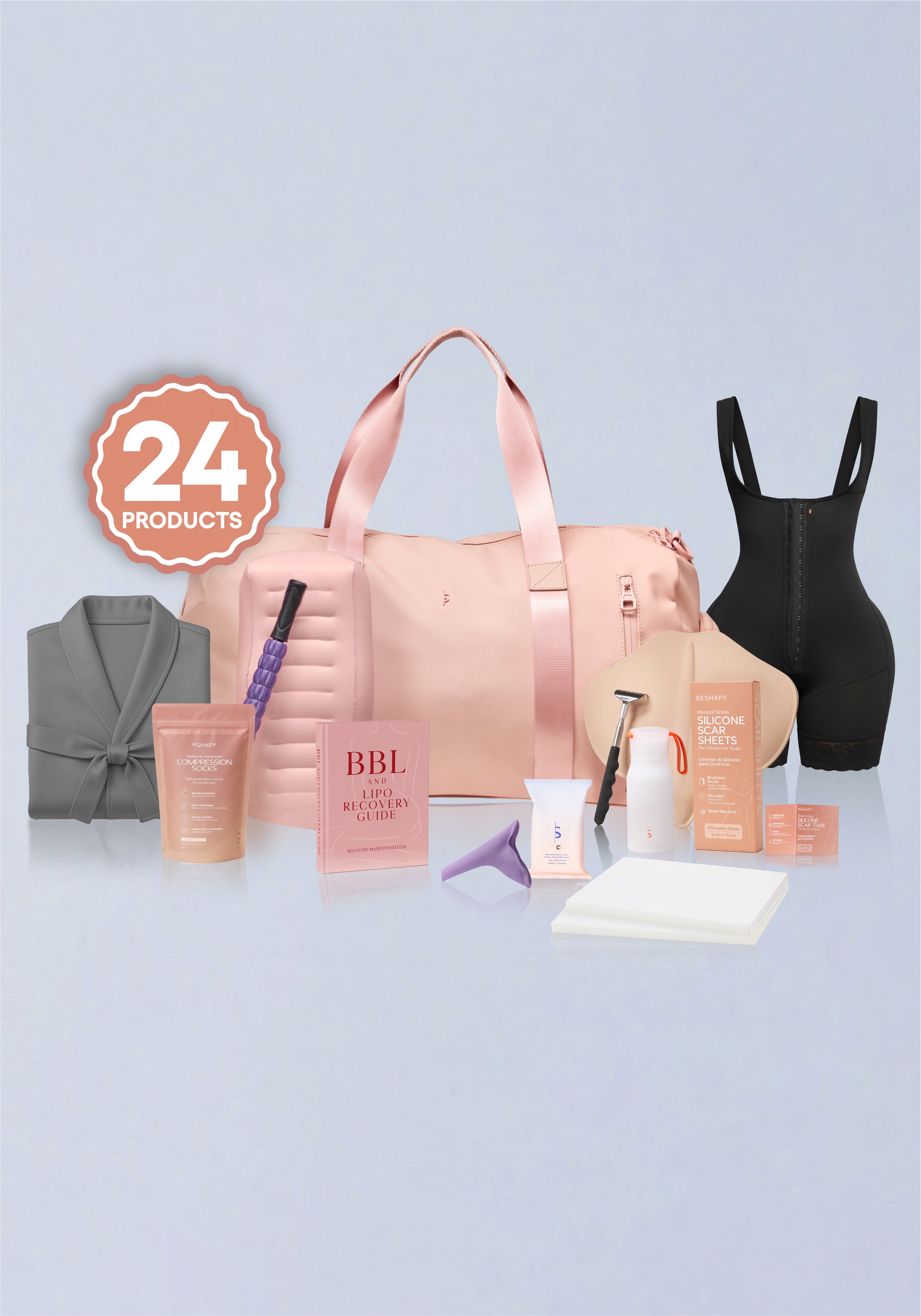 Collection of beauty products including a pink duffel bag, skincare items, and a robe on a light blue background.